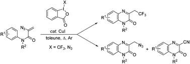 Graphical abstract: Copper-catalyzed radical reactions of 2-azido-N-arylacrylamides with 1-(trifluoromethyl)-1,2-benziodoxole and 1-azidyl-1,2-benziodoxole