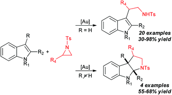 Graphical abstract: Exploiting the σ-phylic properties of cationic gold(i) catalysts in the ring opening reactions of aziridines with indoles