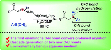 Graphical abstract: Synthesis of β,β-diaryl propiophenones via palladium-catalyzed domino arylboronation, elimination and enone hydroarylation of enaminones