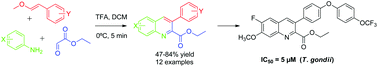 Graphical abstract: Enol ethers as carbonyl surrogates in a modification of the Povarov synthesis of 3-aryl quinolines and their anti-Toxoplasma activity