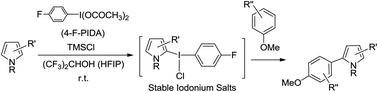 Graphical abstract: Stabilized pyrrolyl iodonium salts and metal-free oxidative cross-coupling