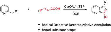Graphical abstract: Synthesis of substituted indolizines via radical oxidative decarboxylative annulation of 2-(pyridin-2-yl)acetate derivatives with α,β-unsaturated carboxylic acids