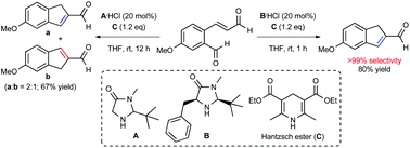 Graphical abstract: Organocatalytic regiospecific synthesis of 1H-indene-2-carbaldehyde derivatives: suppression of cycloolefin isomerisation by employing sterically demanding catalysts