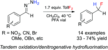 Graphical abstract: Denitrogenative hydrofluorination of aromatic aldehyde hydrazones using (difluoroiodo)toluene