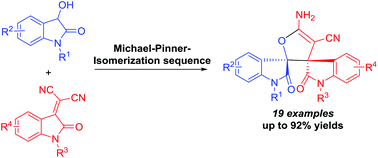 Graphical abstract: A DBU-catalyzed Michael–Pinner–isomerization cascade reaction of 3-hydroxyoxindoles with isatylidene malononitriles: access to highly functionalized bispirooxindoles containing a fully substituted dihydrofuran motif