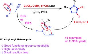 Graphical abstract: Hypervalent iodine-triggered transformation of homopropargyl sulfonamides into dihalo-2,3-dihydropyrroles