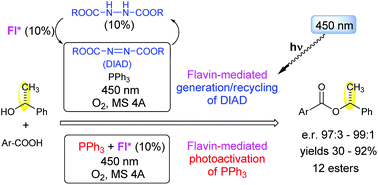 Graphical abstract: Photocatalytic esterification under Mitsunobu reaction conditions mediated by flavin and visible light