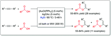 Graphical abstract: Gold(i)-catalyzed addition of carboxylic acids to internal alkynes in aqueous medium