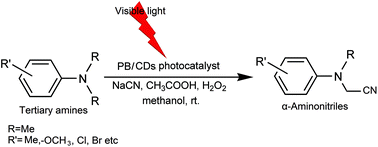 Graphical abstract: A Prussian blue/carbon dot nanocomposite as an efficient visible light active photocatalyst for C–H activation of amines