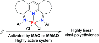 Graphical abstract: A practical ethylene polymerization for vinyl-polyethylenes: synthesis, characterization and catalytic behavior of α,α′-bisimino-2,3:5,6-bis(pentamethylene)pyridyliron chlorides