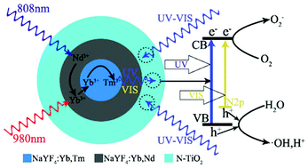 Graphical abstract: Coating a N-doped TiO2 shell on dually sensitized upconversion nanocrystals to provide NIR-enhanced photocatalysts for efficient utilization of upconverted emissions