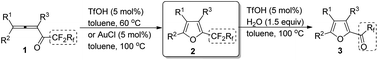 Graphical abstract: Controlled TfOH- or AuCl-catalyzed cycloisomerization and tandem hydrolytic defluorination of 1,2-allenyl perfluoroalkyl ketones