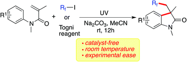 Graphical abstract: A general route to fluorinated 3,3-disubstituted 2-oxindoles via a photoinduced radical cyclization of N-arylacrylamides under catalyst-free conditions