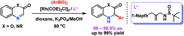 Graphical abstract: Rhodium-catalyzed asymmetric arylation of N- and O-containing cyclic aldimines: facile and efficient access to highly optically active 3,4-dihydrobenzo[1,4]oxazin-2-ones and dihydroquinoxalinones