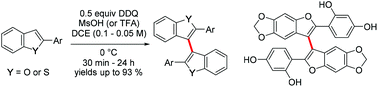 Graphical abstract: Intermolecular oxidative dehydrogenative 3,3′-coupling of benzo[b]furans and benzo[b]thiophenes promoted by DDQ/H+: total synthesis of shandougenine B