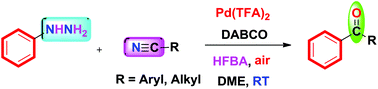 Graphical abstract: Acid-promoted denitrogenative Pd-catalyzed addition of arylhydrazines with nitriles at room temperature