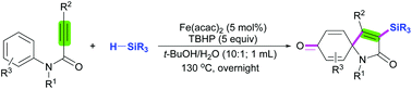 Graphical abstract: Fe-Catalyzed oxidative spirocyclization of N-arylpropiolamides with silanes and TBHP involving the formation of C–Si bonds