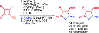 Graphical abstract: Reverse regioselectivity in Pd(0)/InI-mediated allylation of aldehydes with ε-amido-allylindiums generated from β-lactams. A new entry to non-racemic highly substituted γ-butyrolactones