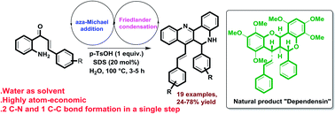 Graphical abstract: p-TsOH-promoted synthesis of (E)-6-phenyl-7-styryl-5,6-dihydrodibenzo[b,h][1,6]naphthyridines via cascade intramolecular aza-Michael addition/Friedlander condensation of 2′-aminochalcones in a SDS/H2O system