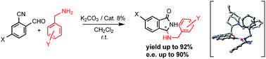 Graphical abstract: Asymmetric tandem hemiaminal-heterocyclization-aza-Mannich reaction of 2-formylbenzonitriles and amines using chiral phase transfer catalysis: an experimental and theoretical study