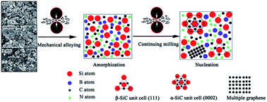 Graphical abstract: Structure evolution, amorphization and nucleation studies of carbon-lean to -rich SiBCN powder blends prepared by mechanical alloying