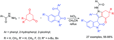 Graphical abstract: Indium chloride catalyzed three-component reaction for the synthesis of 2-((oxoindolin-3-yl)-4,5,6,7-tetrahydro-1H-indol-1-yl)benzamides