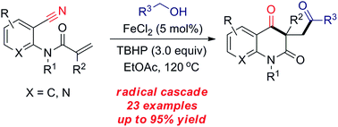 Graphical abstract: Iron-catalyzed addition/cyclization cascade of activated alkenes with alcohols: access to carbonyl substituted quinoline-2,4-diones