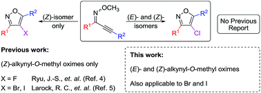 Graphical abstract: Isomerizable (E/Z)-alkynyl-O-methyl oximes employing TMSCl–NCS in chlorinative cyclization for the direct synthesis of 4-chloroisoxazoles