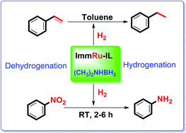 Graphical abstract: Immobilized ruthenium metal-containing ionic liquid-catalyzed dehydrogenation of dimethylamine borane complex for the reduction of olefins and nitroarenes