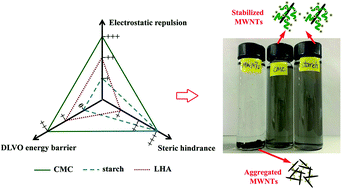 Graphical abstract: Aggregation and stabilization of multiwalled carbon nanotubes in aqueous suspensions: influences of carboxymethyl cellulose, starch and humic acid