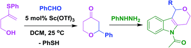 Graphical abstract: A novel self-terminated Prins strategy for the synthesis of tetrahydropyran-4-one derivatives and their behaviour in Fisher indole synthesis