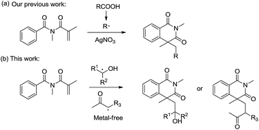 Graphical abstract: Metal-free oxidative functionalization of C(sp3)–H of ketones and alcohols for the synthesis of isoquinolinonediones
