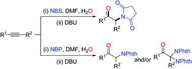 Graphical abstract: One-pot, two-step conversion of alkynes to α-amino (α,α-diamino) ketones with a DMF-activated N-bromoimide strategy