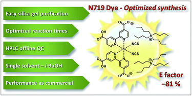 Graphical abstract: A greener procedure for the synthesis of [Bu4N]2-cis-[Ru(4-carboxy-4′-carboxylate-2,2′-bipyridine)2(NCS)2] (N719), a benchmark dye for DSSC applications