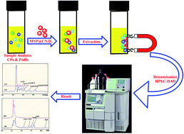 Graphical abstract: Magnetic solid phase extraction of polycyclic aromatic hydrocarbons and chlorophenols based on cyano-ionic liquid functionalized magnetic nanoparticles and their determination by HPLC-DAD