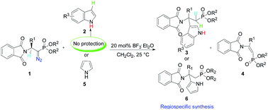 Graphical abstract: Regioselective BF3·Et2O-catalyzed C–H functionalization of indoles and pyrrole with reaction of α-diazophosphonates