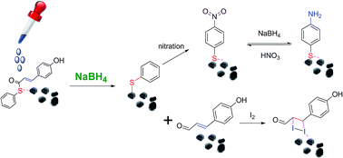 Graphical abstract: In situ SERS monitored photoactive yellow protein (PYP) chromophore model elimination, nano-catalyzed phenyl redox and I2 addition reactions