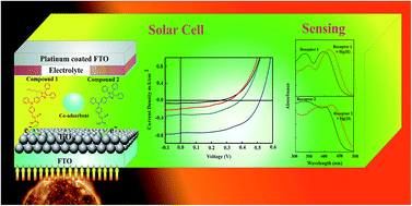 Graphical abstract: Facile synthesis of D–π–A structured dyes and their applications towards the cost effective fabrication of solar cells as well as sensing of hazardous Hg(ii)