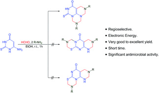 Graphical abstract: An efficient and rapid intramolecular cyclization of a quadruple Mannich reaction for one-pot synthesis of pentaazaphenalenes and their antimicrobial activities