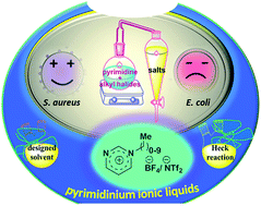 Graphical abstract: Synthesis of dual functional pyrimidinium ionic liquids as reaction media and antimicrobial agents