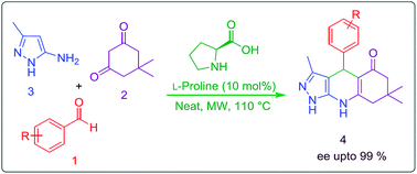Graphical abstract: l-Proline as an efficient enantioinduction organo-catalyst in the solvent-free synthesis of pyrazolo[3,4-b]quinoline derivatives via one-pot multi-component reaction