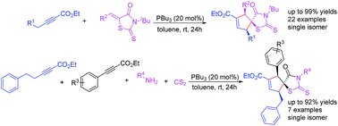 Graphical abstract: Diastereoselective synthesis of cyclopentene spiro-rhodanines containing three contiguous stereocenters via phosphine-catalyzed [3 + 2] cycloaddition or one-pot sequential [3 + 2]/[3 + 2] cycloaddition