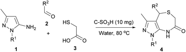 Graphical abstract: Synthesis of 4,8-dihydro-1H-pyrazolo[3,4-e][1,4]thiazepin-7(6H)-one derivatives by solid acid-catalyzed multi-component reaction in water