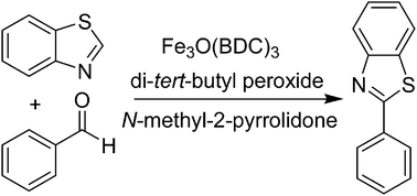 Graphical abstract: Direct arylation of benzoazoles with aldehydes utilizing metal–organic framework Fe3O(BDC)3 as a recyclable heterogeneous catalyst