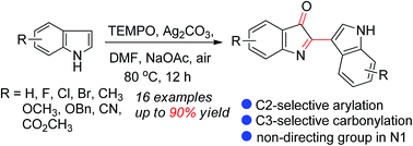 Graphical abstract: TEMPO-catalyzed oxidative homocoupling route to 3,2′-biindolin-2-ones via an indolin-3-one intermediate