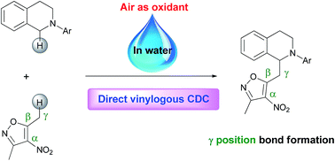 Graphical abstract: Direct vinylogous oxidative cross-dehydrogenative coupling of 4-nitroisoxazoles with N-aryl tetrahydroisoquinolines in water under air conditions