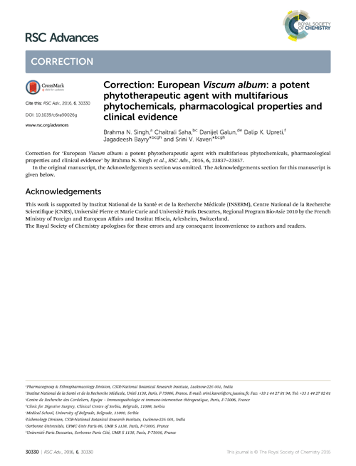 Correction: European Viscum album: a potent phytotherapeutic agent with multifarious phytochemicals, pharmacological properties and clinical evidence