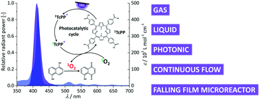 Graphical abstract: Photonic contacting of gas–liquid phases in a falling film microreactor for continuous-flow photochemical catalysis with visible light
