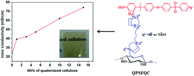 Graphical abstract: A bionanocomposite based on 1,4-diazabicyclo-[2.2.2]-octane cellulose nanofiber cross-linked-quaternary polysulfone as an anion conducting membrane