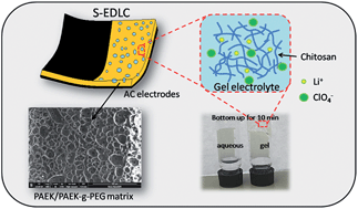 Graphical abstract: A novel poly(ethylene glycol)–grafted poly(arylene ether ketone) blend micro-porous polymer electrolyte for solid-state electric double layer capacitors formed by incorporating a chitosan-based LiClO4 gel electrolyte